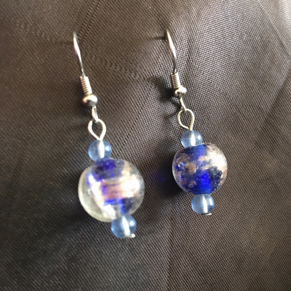 Blue tone art glass bead dangle fish hook earrings